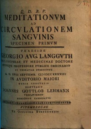 Meditationum Ad Circulationem Sanguinis Specimen ..., Primum