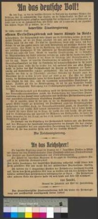 Veröffentlichung eines Aufrufs der Reichsregierung und der Herresleitung zu den politischen Unruhen und dem Bruch der Reichsverfassung in Bayern im Zuge des Kapp-Putsches durch das Braunschweigische Staatsministerium