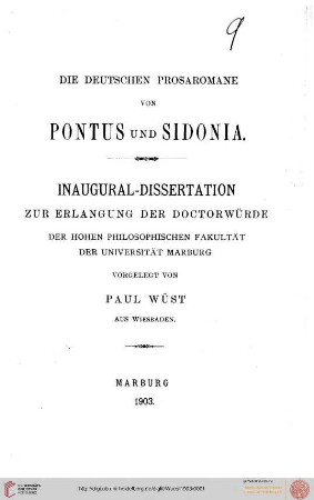 Die deutschen Prosaromane von Pontus und Sidonia (Marburg, Univ., Diss., 1903)