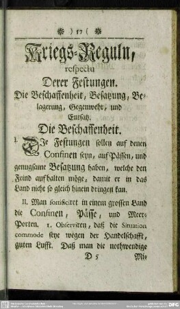 Kriegs-Reguln, respectu Derer Festungen. Die Beschaffenheit, Besatzung, Belagerung, Gegenwehr, und Entsatz