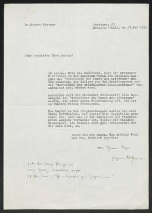 Brief von Erhart Kästner an Gerhart Hauptmann