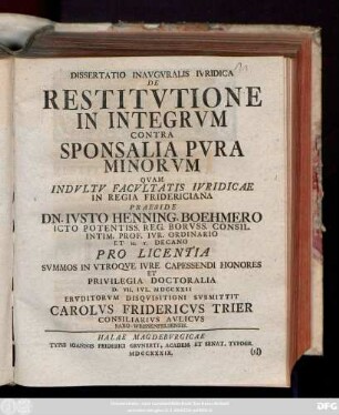 Dissertatio Inavgvralis Ivridica De Restitvtione In Integrvm Contra Sponsalia Pvra Minorvm