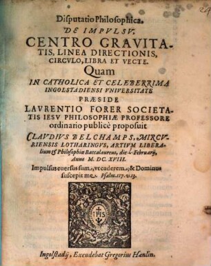 Disputatio Philosophica, De Impvlsv, Centro Gravitatis, Linea Directionis, Circvlo, Libra Et Vecte