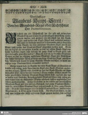 Vorläuffiger Glaubens Haupt-Streit, Von der Glaubens-Regel oder Richtschnur Der Protestirenden
