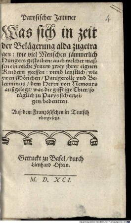 Parysischer [Parisischer] Jammer was sich in Zeit der Belagerung alda zugetragen