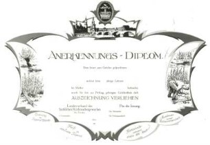 Anerkennungs-Diplom für Gesellenstücke der Korbmacher-Innung : Anerkennungs-Diplom für Gesellenstücke der Korbmacher-Innung. 24,7 x 46 cm. um 1925. Privatbesitz