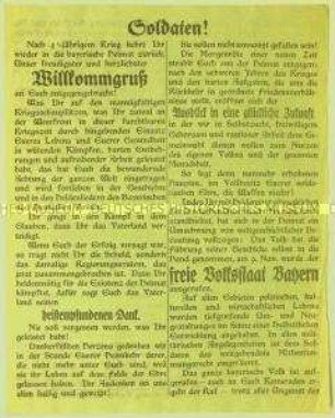 Willkommensflugblatt des freien Volksstaats Bayern an die heimkehrenden Soldaten und Aufruf zur Wiedereingliederung ins Zivilleben