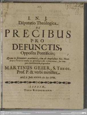 De precibus pro defunctis opposita pontificiis : diss.