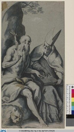 Der Heilige Hieronymus und ein neben ihm sitzender Bischof mit einem Buch im Schoß