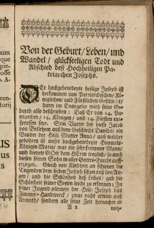Von der Geburt/ Leben/ und Wandel/ glückseeligen Todt und Abschied deß Hochheiligen Patriarchen Josephs.