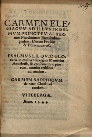 Carmen elegiacum ad illustriss. principem Albertum Marchionem Brandenburgensem ...
