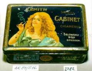 Blechdose für 100 Stück "ZENITH SPECIALITY: CABINET CIGARETTES SELOWSKY BROS DRESDEN" (Abbildung: Brustbild einer jungen Frau mit Zigarette)