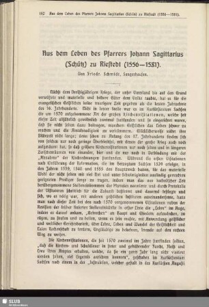 Aus dem Leben des Pfarrers Johann Sagittarius (Schütz) zu Riestedt (1556-1581)