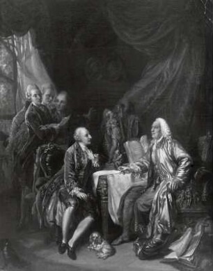 Das Kunstgespräch : Konversationsstück, im Vordergrund den Generaldirektor der sächsischen Kunstakademie Christian Ludwig von Hagedorn (1712–1780) im Gespräch mit dem Minister, Mäzen und Sammler Thomas Freiherr von Fritsch (1700–1775), im Hintergrund sind die Künstler Adrian Zingg (1734–1816), Schenau selbst und Anton Graff (1736–1813) abgebildet