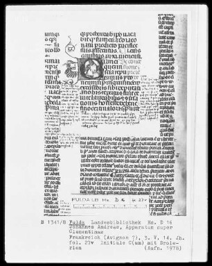 Johannes Andreae, Apparatus super Clementinas — Initiale C (um), darin ein Kopf, Folio 27verso