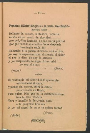 Pequeños billetes dirigidos á la novia recordándole nuestro amor