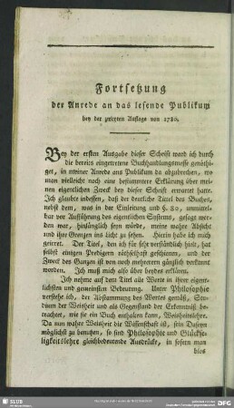 Fortsetzung der Anrede an das lesende Publikum bey der zweyten Ausgabe von 1780