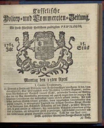 15. Stueck, Montag den 15ten April 1765