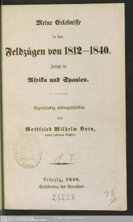 [1]: Meine Erlebnisse in den Feldzügen von 1812 - 1840 : zuletzt in Afrika und Spanien