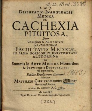 Disputatio Inauguralis Medica De Cachexia Pituitosa
