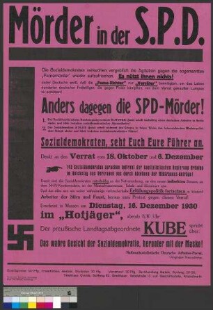 Propagandaplakat der NSDAP gegen die SPD und Ankündigung einer öffentlichen Parteiveranstaltung der NSDAP am 16. Dezember 1930 in Braunschweig