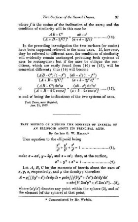 Easy method of finding the moments of inertia of an ellipsoid about its principal axes.