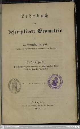 1: Die Darstellung des Punctes, der Linie und der Ebene nach der Parallel-Projection