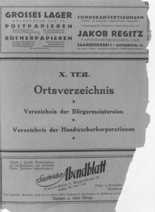 X. Teil: Ortsverzeichnis des Saargebietes
