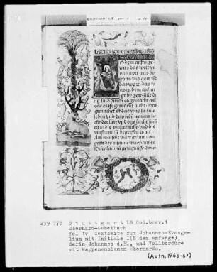 Das Eberhardgebetbuch — Textseite mit historisierter Initiale und Wappenemblem, Folio 1verso