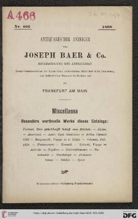 Nr. 466: Lagerkatalog / Josef Baer & Co., Frankfurt a.M.: Miscellanea