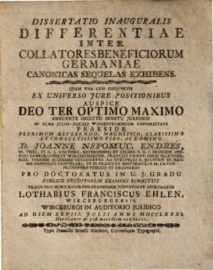 Dissertatio Inauguralis Differentiae Inter Collatores Beneficiorum Germaniae Canonicas Sequelas Exhibens