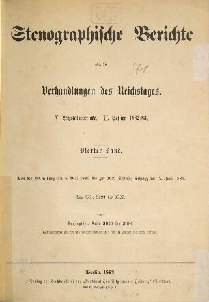 Verhandlungen des Reichstages. Stenographische Berichte. 71. 1882/83