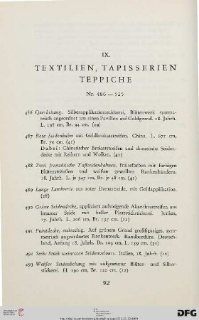 IX. Textilien, Tapisserien, Teppiche (Nr. 486-525)