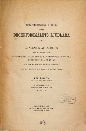 Språkhistoriska studier öfver Degerforsmålets ljudlära