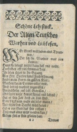 Schöne Lehrstuck. Der Alten Teutschen Warheit und Liebkosen.