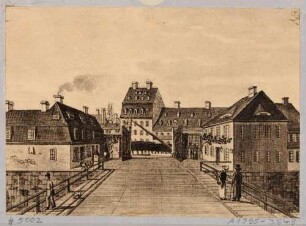 Blatt 14 von "Dresdens Festungswerke im Jahre 1811" vor der Demolierung: Das äußere Wilsdruffer Tor (Wilsches Tor) von der Brücke nach Westen zur Vorstadt, hinten der Schlagbaum, links das Wachhaus, rechts das Accishaus