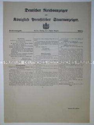 Sonderdruck des "Deutschen Reichsanzeiger" mit der Verordnung des Kaisers zur Einberufung des Reichstages und einer Bekanntmachung zum Ablauf der Mobilmachung