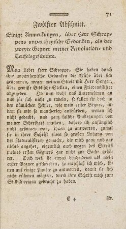 Zwölfter Abschnitt. Einge Anmerkungen, über Herr Schrappens unpartheyische Gedanken, als der zweyte Gegner meiner Revolution- und Teufelsgeschichte