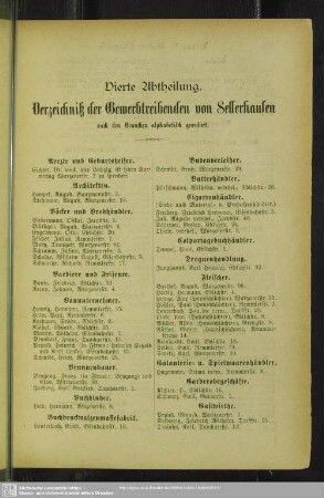 Vierte Abtheilung. Berufsklassen und Gewerbebetriebe : Vierte Abtheilung. Verzeichniß der Gewerbtreibenden v. Sellerhausen
