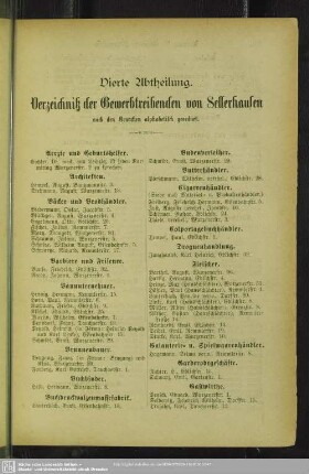 Vierte Abtheilung. Berufsklassen und Gewerbebetriebe : Vierte Abtheilung. Verzeichniß der Gewerbtreibenden v. Sellerhausen