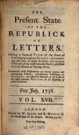 The present state of the republick of letters. 18. 1736, Juli