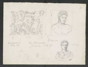 Palazzo Roverella zu Ferrara, Fries des Hauptgesims (mit Aufmaß), Büste (1. OG), Grotesken-Kapitell, Büsten (EG u. 1.OG)