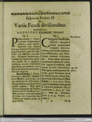 Disputatio Feudalis II. De Variis Feudi divisionibus. Respondente Rudolpho Culemann, Mündens.