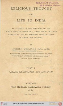 Band 1: Religious thought and Life in India: Vedism, Brahmanism, and Hinduism