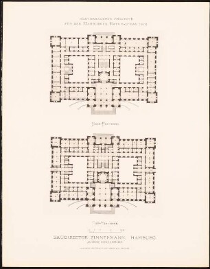 Hervorragende Projekte für den Hamburger Rathausbau 1876: Grundriss Hochparterre, Tiefparterre