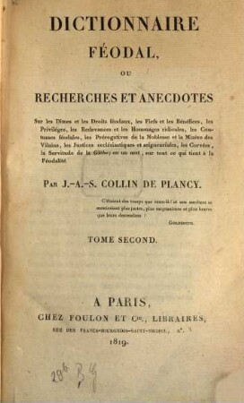 Dictionnaire féodal ou recherches et anecdotes. 2