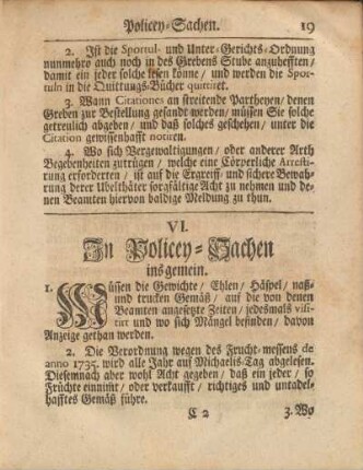 VI. In Policey-Sachen ins gemein.