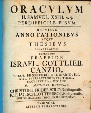 Oraculum II. Samuel XXIII, v. 5 perdifficile visum : brevibus annot. atque thesibus illustratum