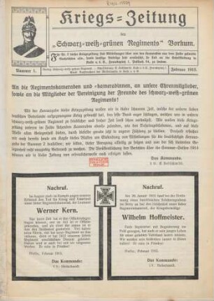 1.1915: Kriegs-Zeitung der Jugendwehr Schwarz-Weiß-Grünes Regiment Borkum