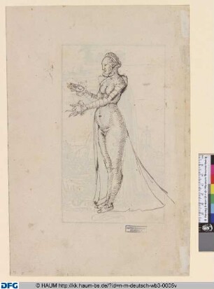 Figurenstudie einer Frau mit Haube und Umhang